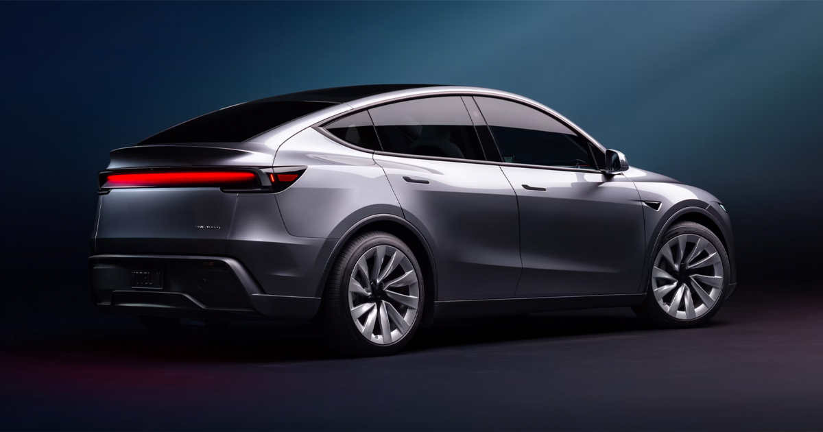 2025 silver Tesla Model Y rear angle