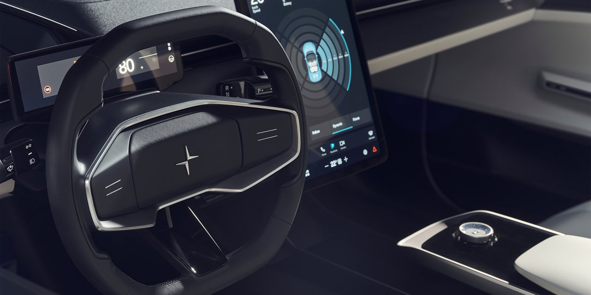 Steering wheel shot of the Polestar 6 interior