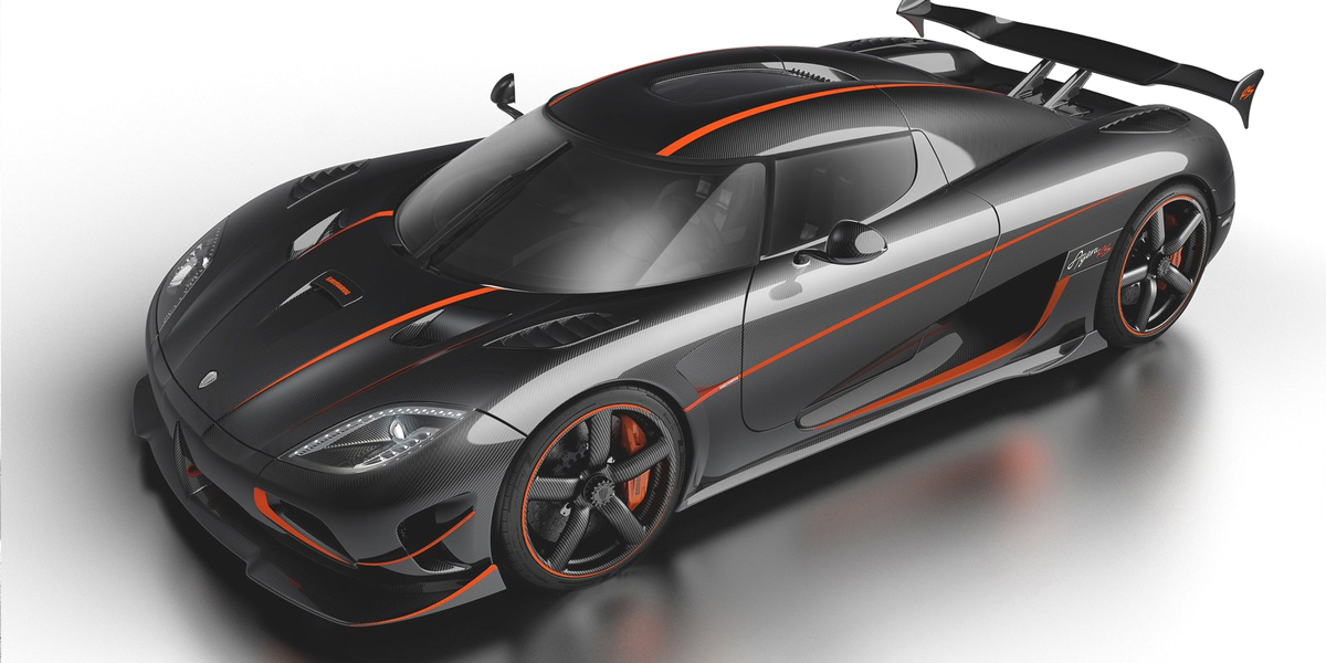 A black and orange Koenigsegg Agera RS on a plain background
