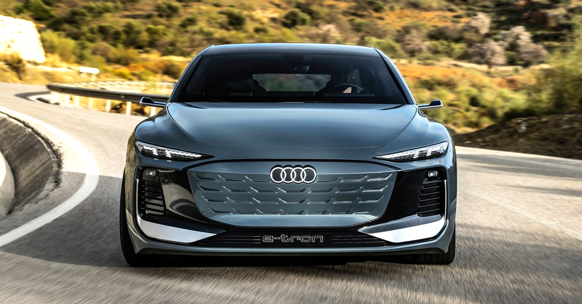 Front view of the Audi A6 Avant e-tron Concept driving down a winding road