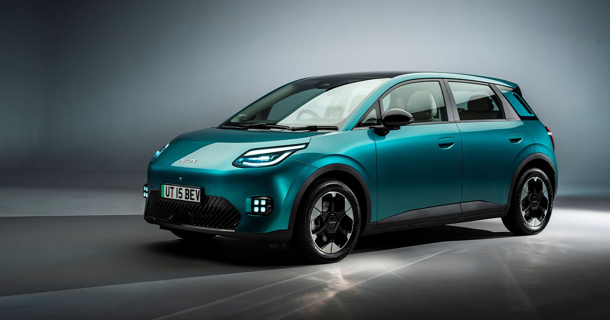 Front angle of an electric Aion UT hatchback