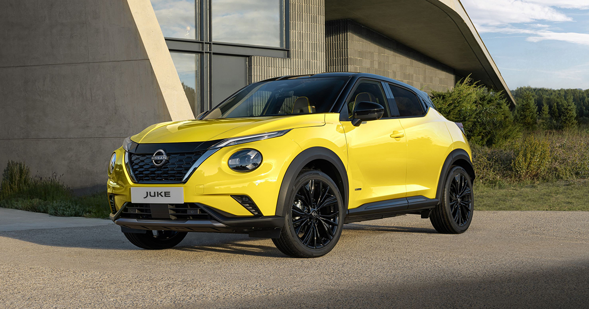 Front angle of a yellow Nissan Juke