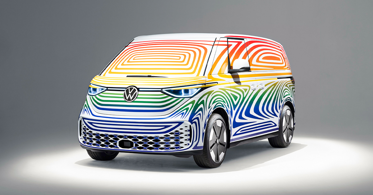 Front view of a Volkswagen ID.Buzz in a colourful wrap