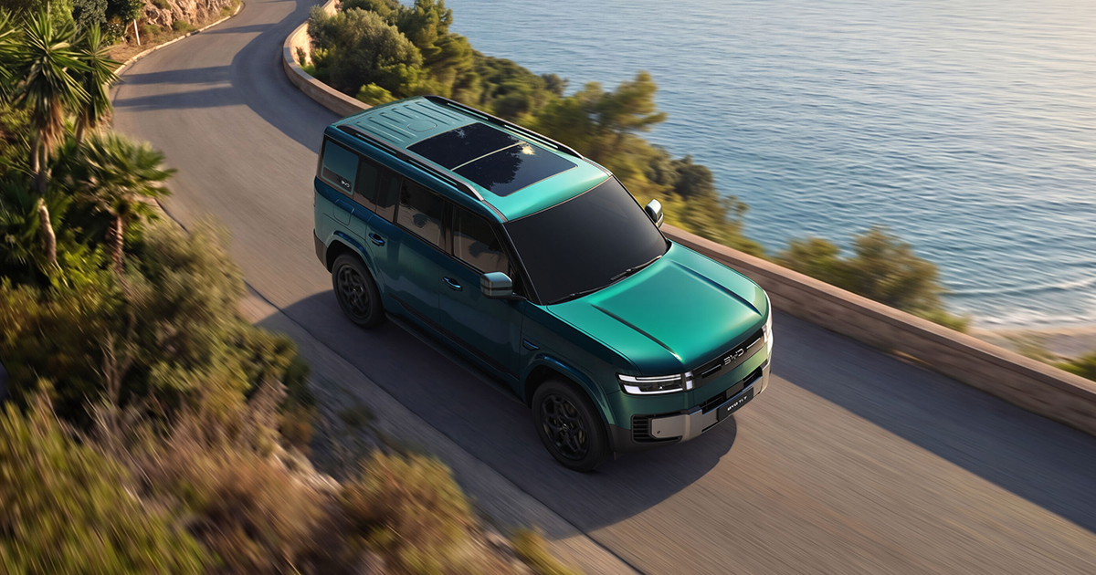 Emerald BYD Ti 7 panoramic sun roof from above