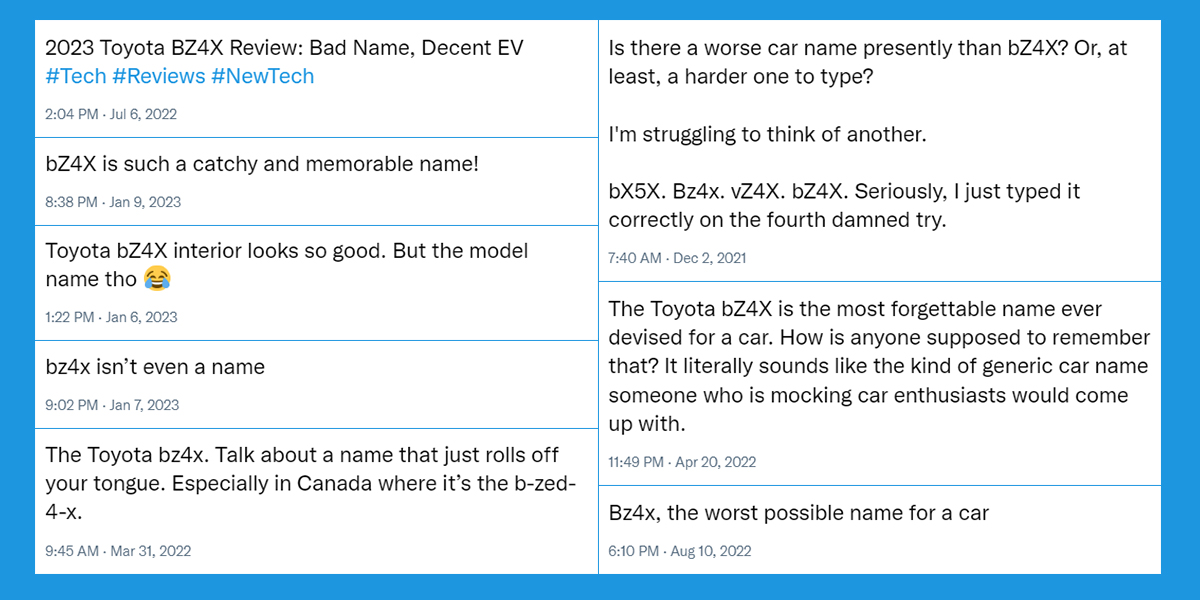 A gallery of tweets about the Toyota bZ4x name