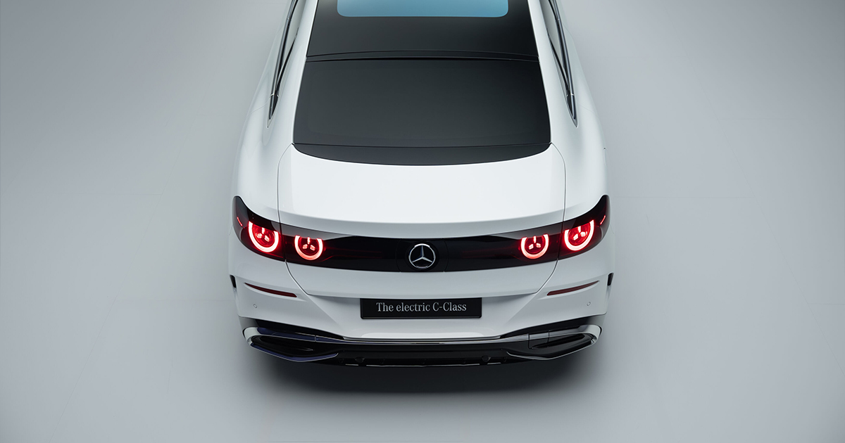Rear angle of a white electric Mercedes-Benz C-Class