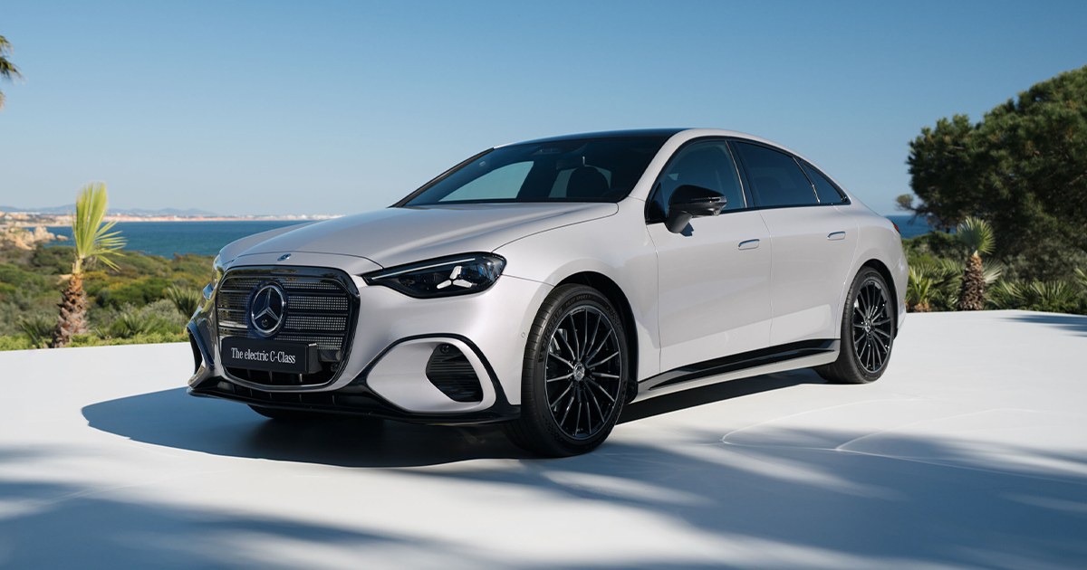 Front angle of a silver electric Mercedes-Benz C-Class