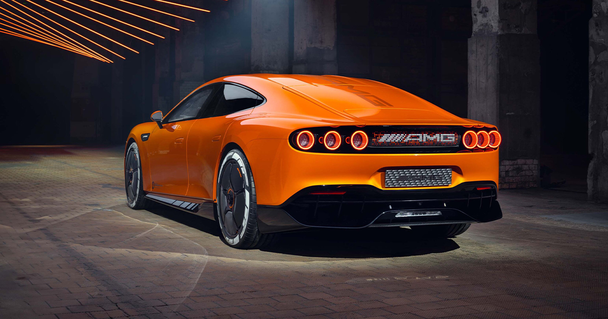 Rear angle of an Orange Mercedes-AMG GT XX Concept