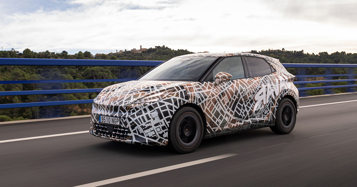 Front angle of the new Cupra Raval in camouflage