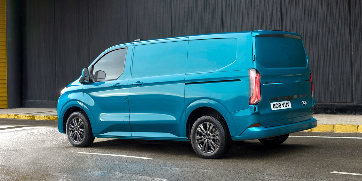 Rear view of a Ford E-Transit Custom parked