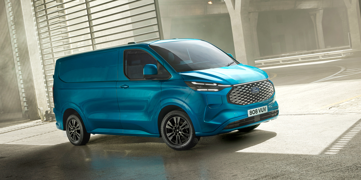 Front view of a Ford E-Transit Custom parked
