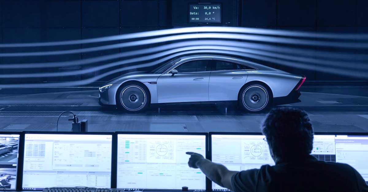 A side view of the Mercedes-Benz Vision EQXX having its aerodynamics tested
