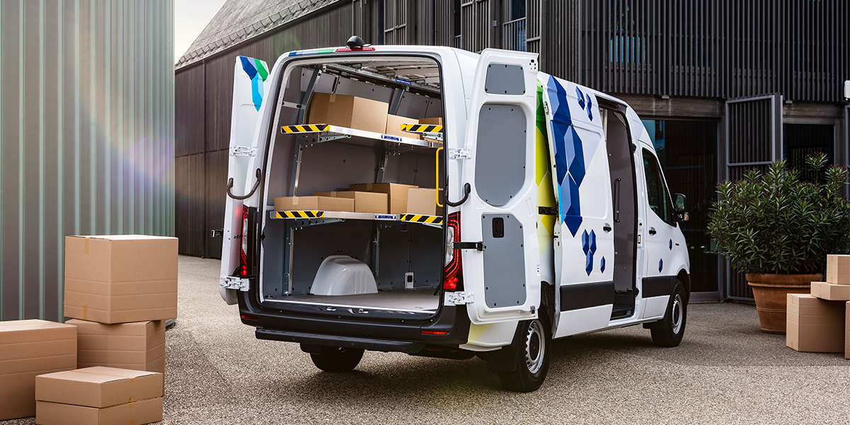 Rear view of the Mercedes-Benz eSprinter with the rear doors open
