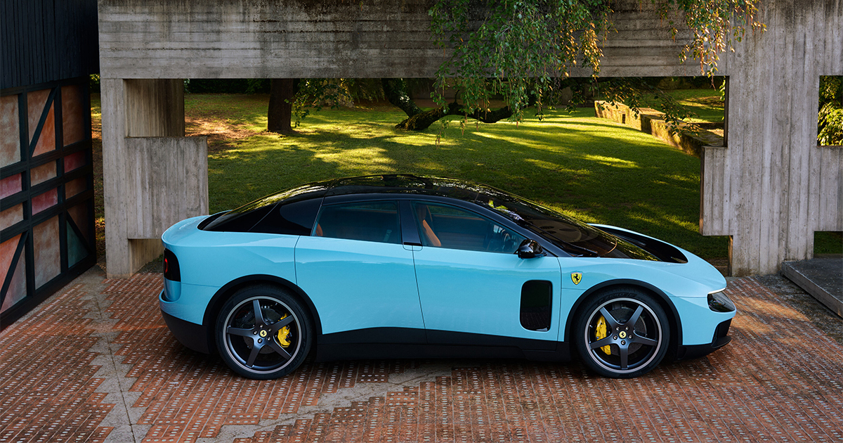 Side angle of a blue Ferrari Luce parked