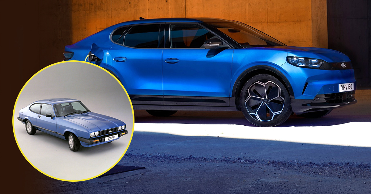 Classic blue Ford Capri vs new 2025 car