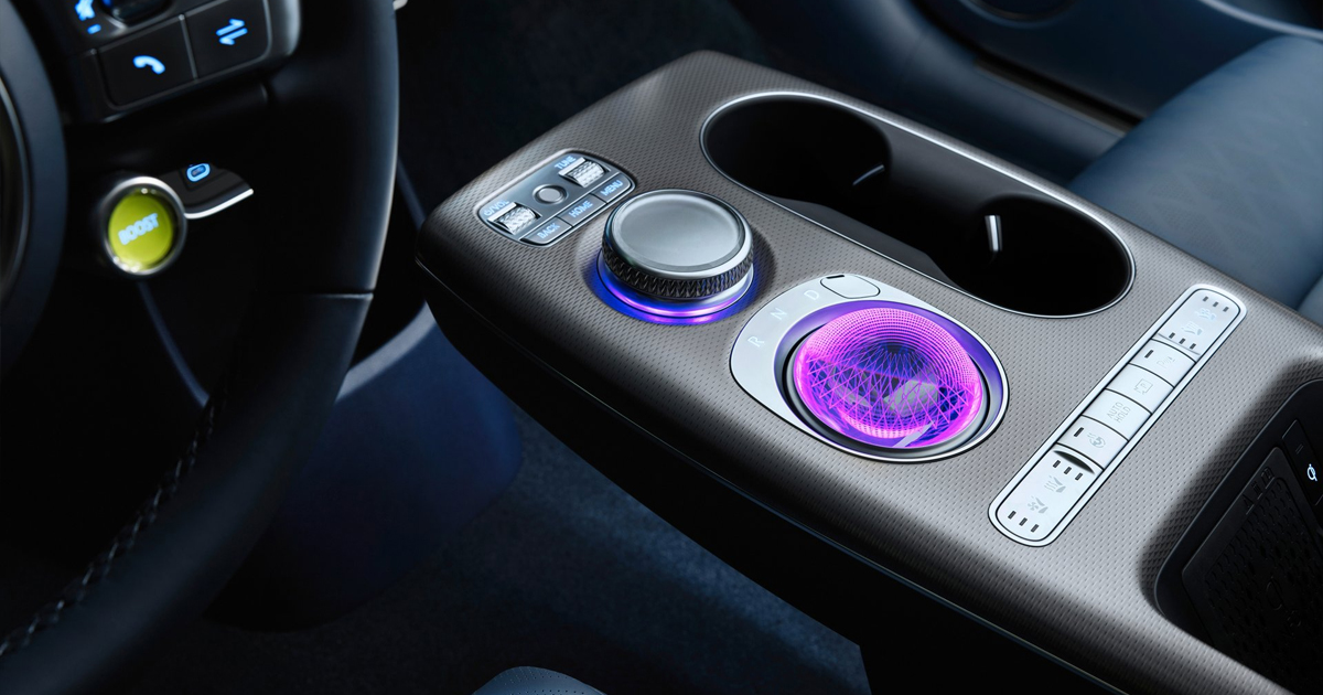 Close-up of the purple crystal on the Genesis GV60 console