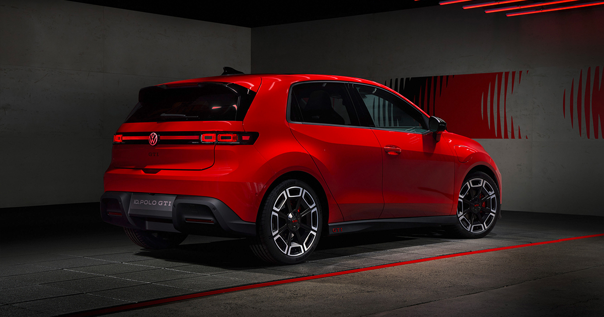 Rear angle of a red Volkswagen ID.Polo GTI