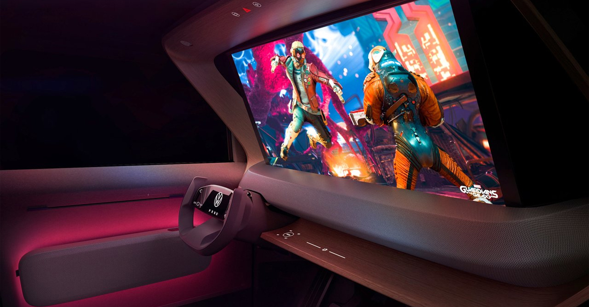 Interior view of the Volkswagen ID.Life with a game projected on the windscreen