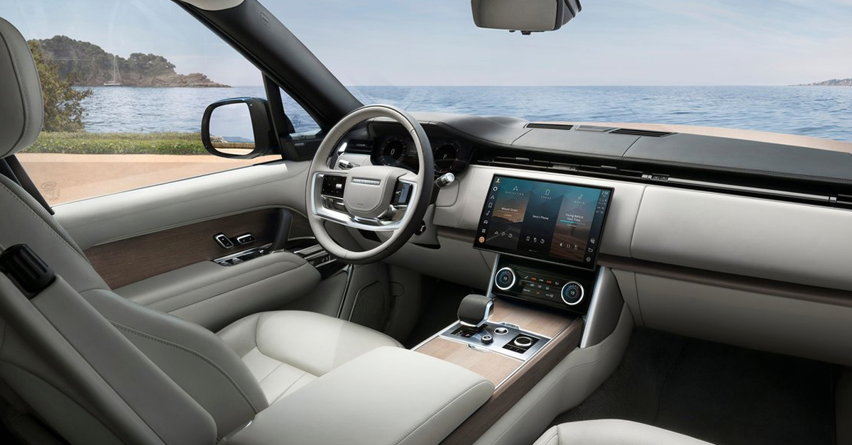 Interior of a Land Rover Range Rover overlooking the sea