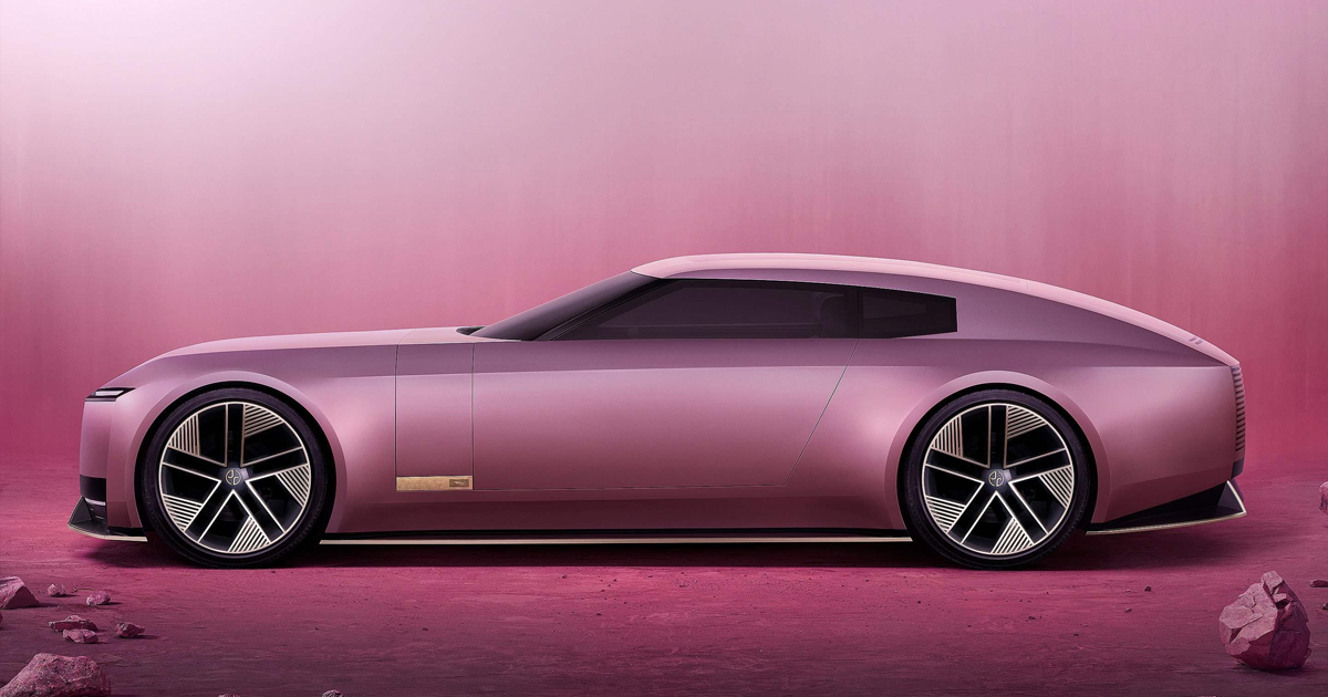 Side angle of the pink Jaguar Type 00 GT Concept