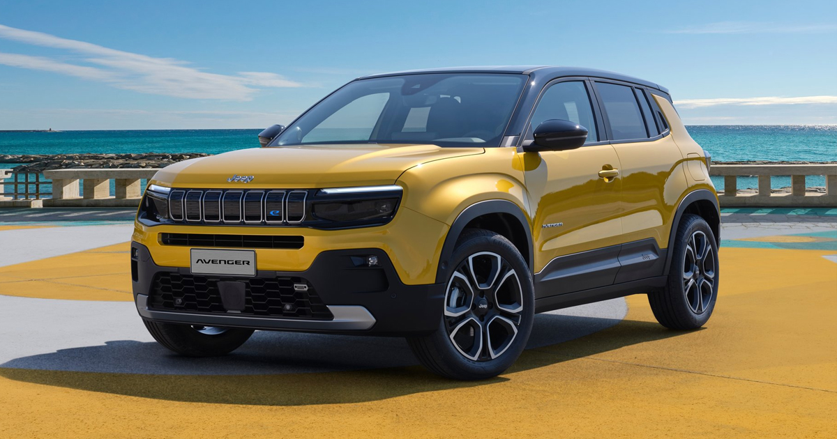 Front angle of a yellow Jeep Avenger