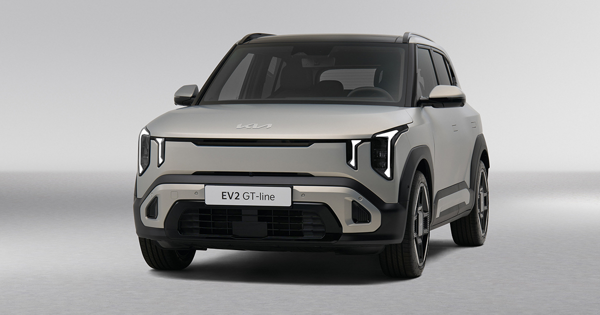Front angle of a white Kia EV2 GT-Line