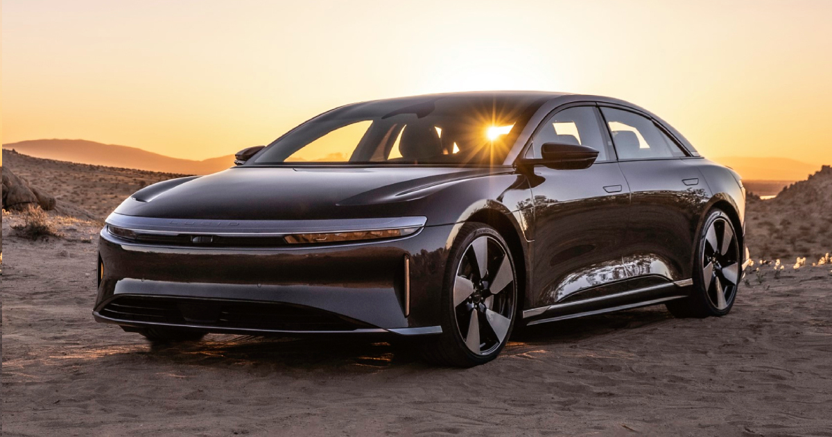 Black Lucid Air in front of a sunset