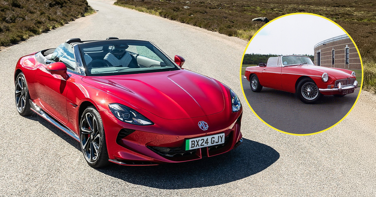 New MG Cyberster vs classic red MGB