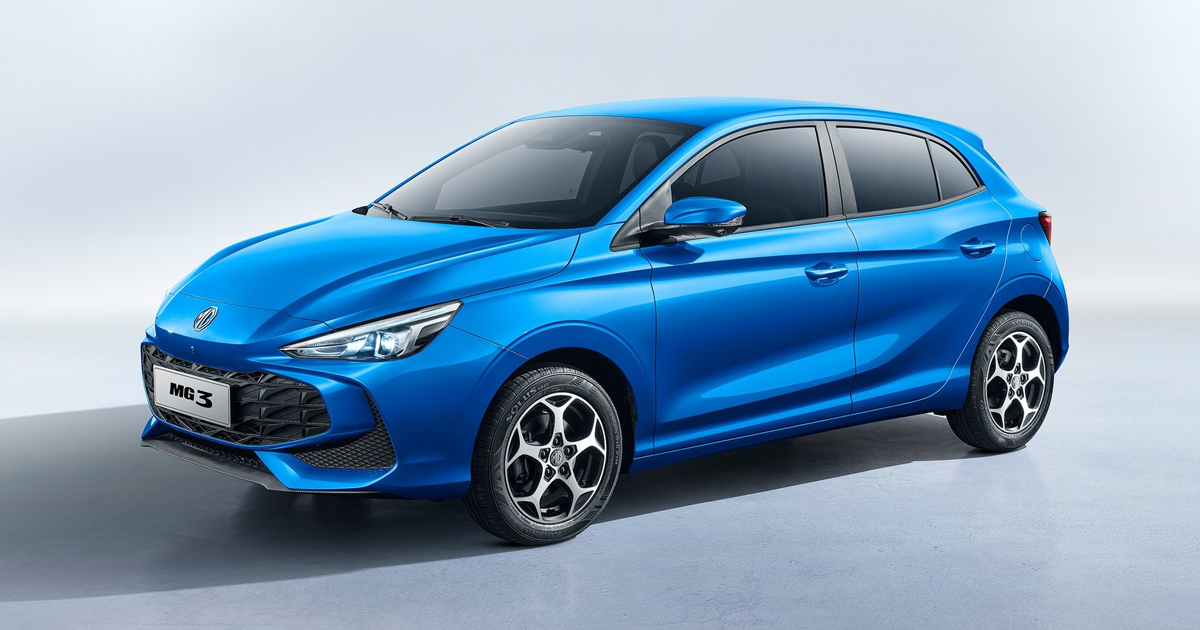 Blue MG3 parked in a white studio