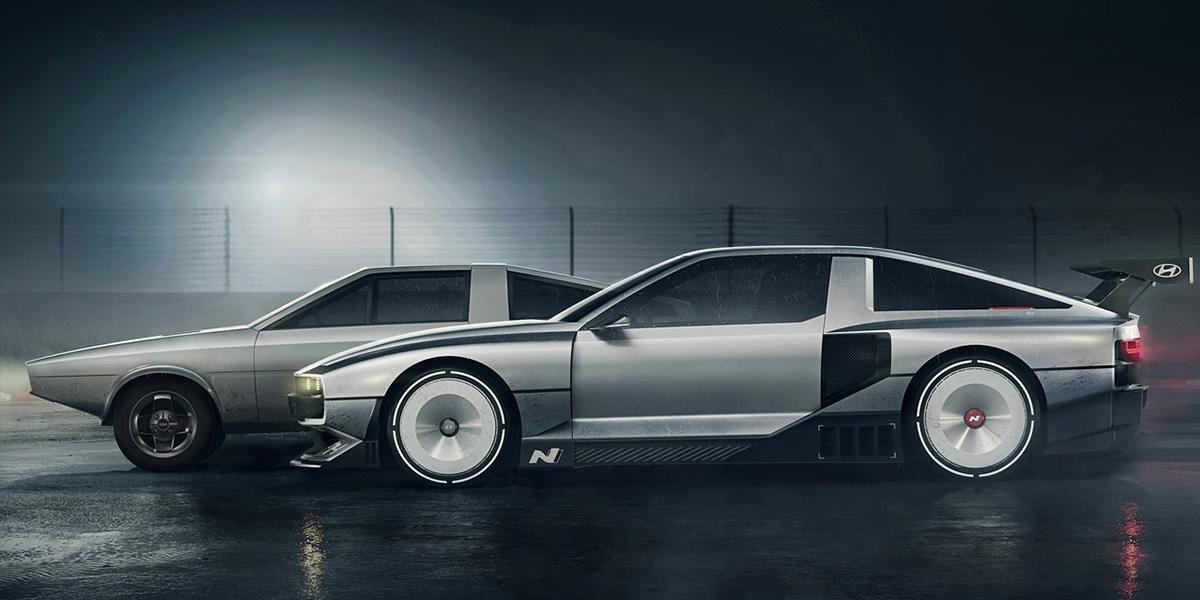 Side view of Hyundai N Vision 74 next to an older Pony Coupe concept