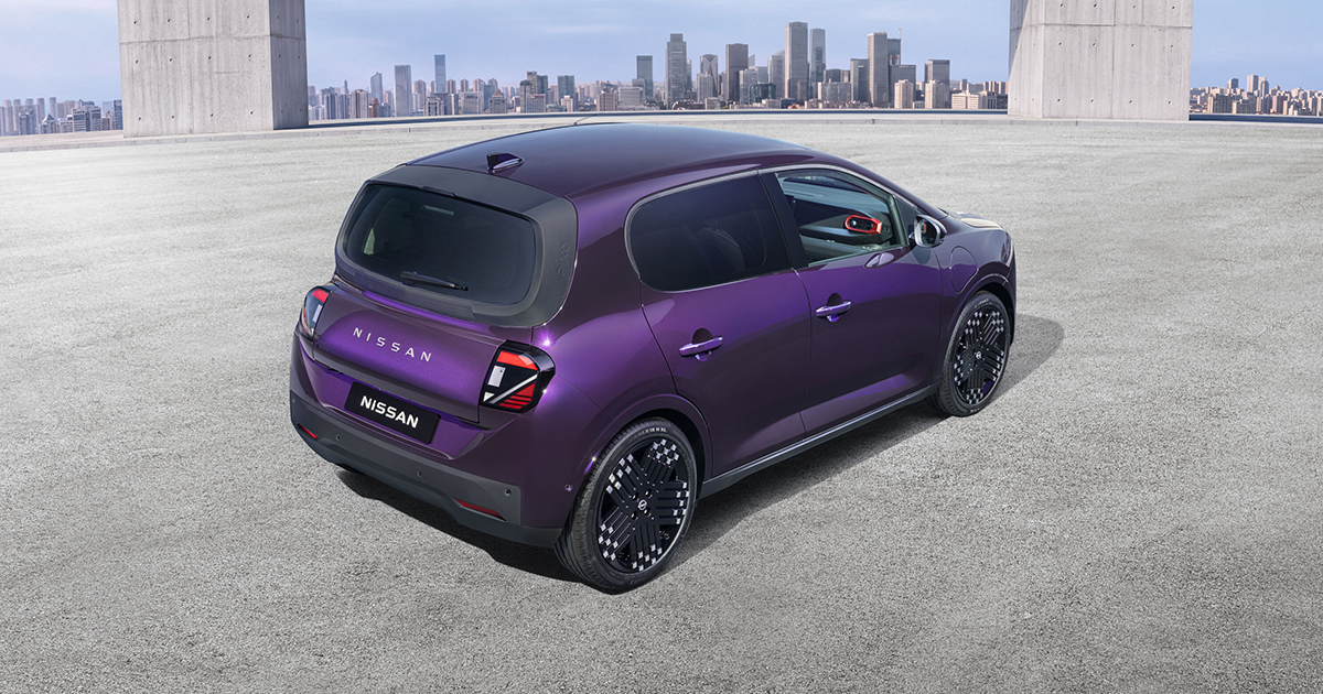 Rear angle of the electric Nissan Pixo in purple