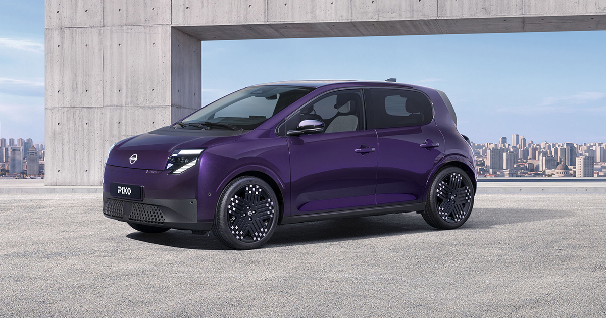 Side angle of the electric Nissan Pixo in purple
