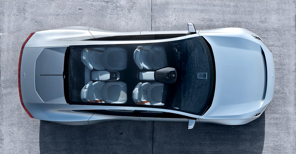 Top view of a Polestar 5 with the roof down