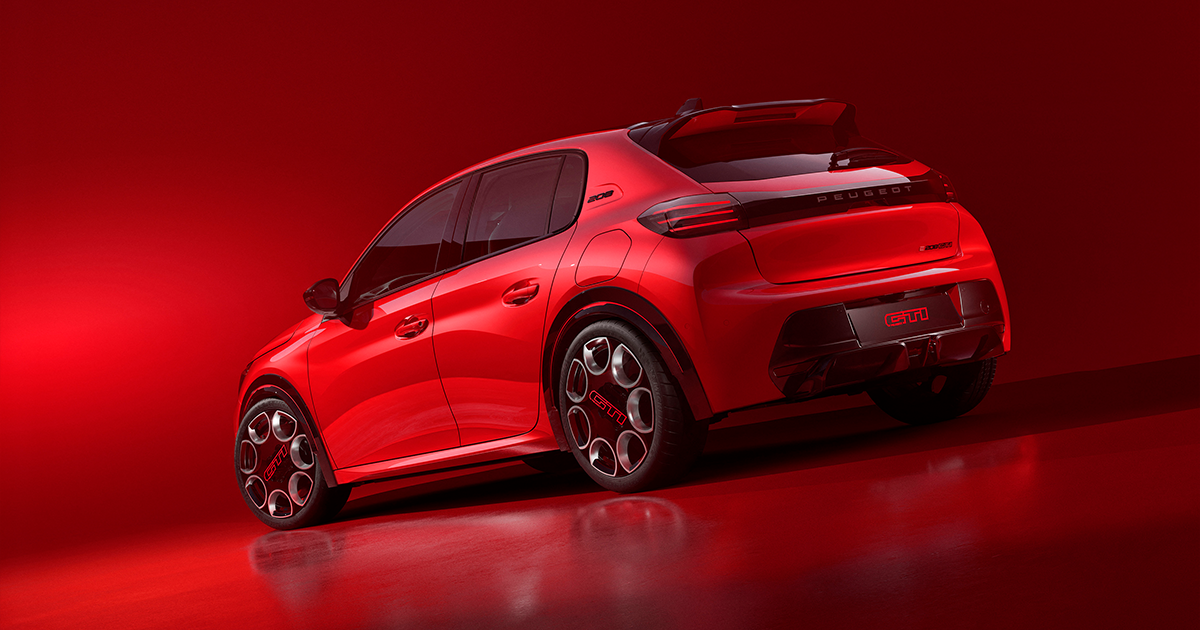 Rear angle of a red Peugeot 208 GTi