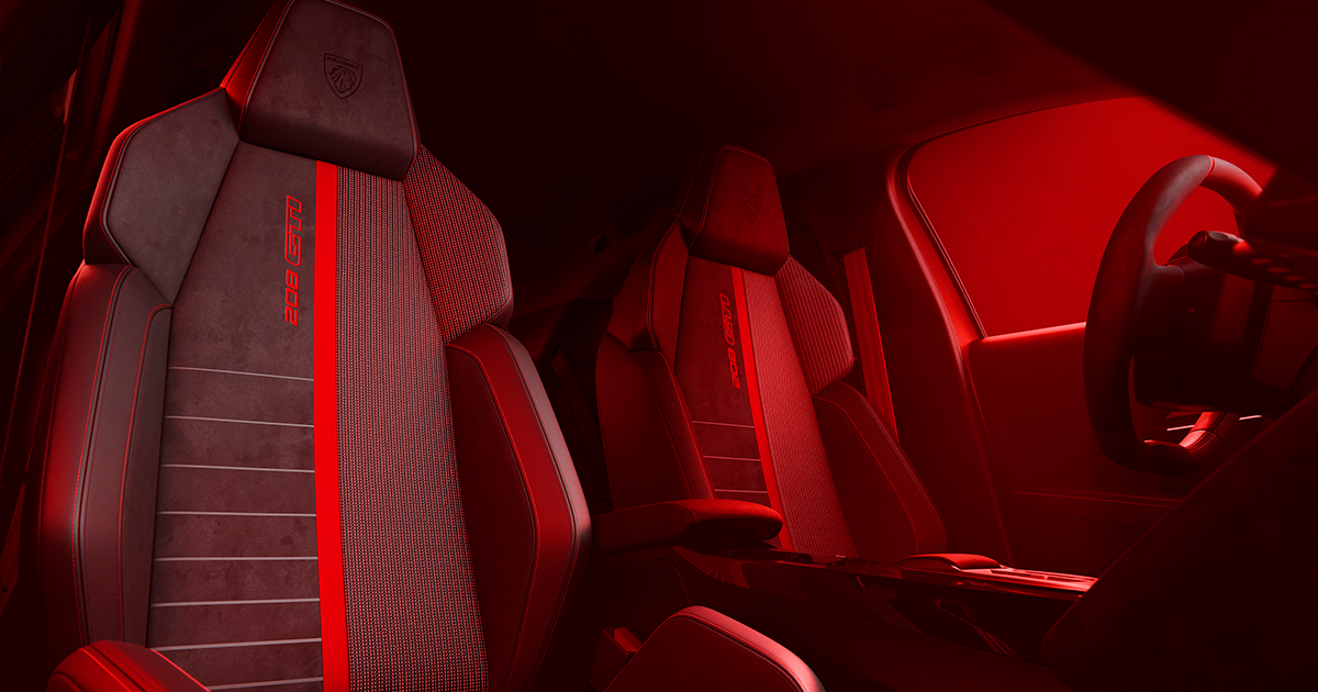 Seats inside a red Peugeot 208 GTi