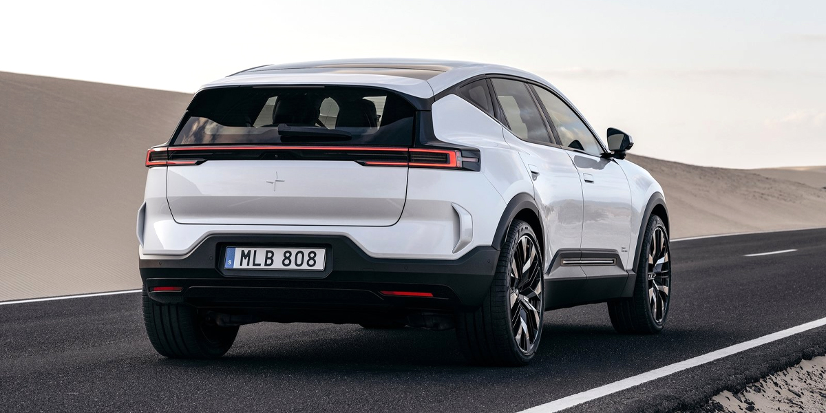 Rear view of a Polestar 3 stopped on a road