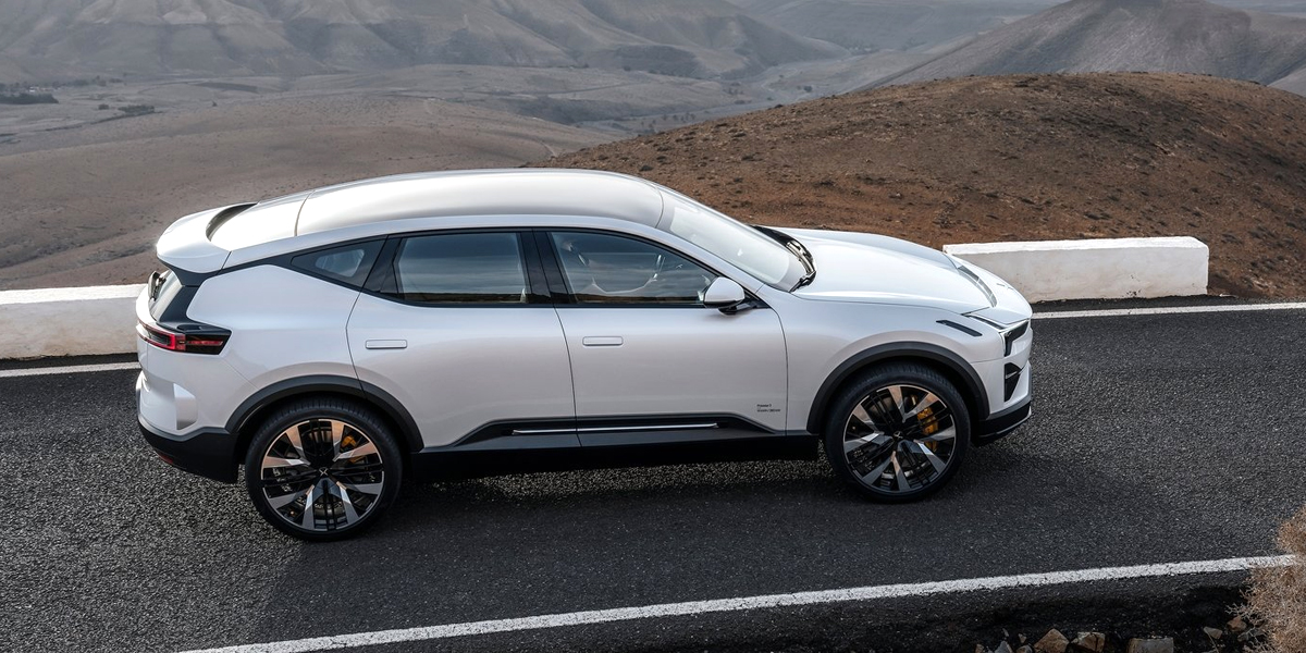 Side view of a Polestar 3 stopped on a road
