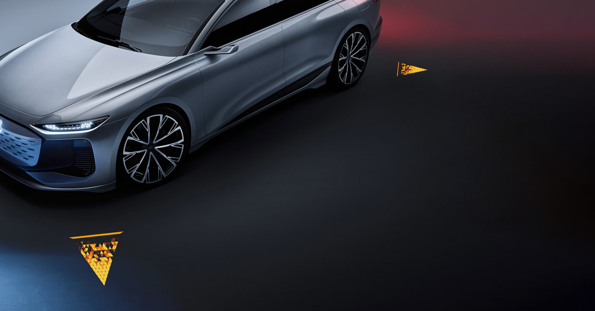 View from above of an Audi A6 e-tron with triangles projected