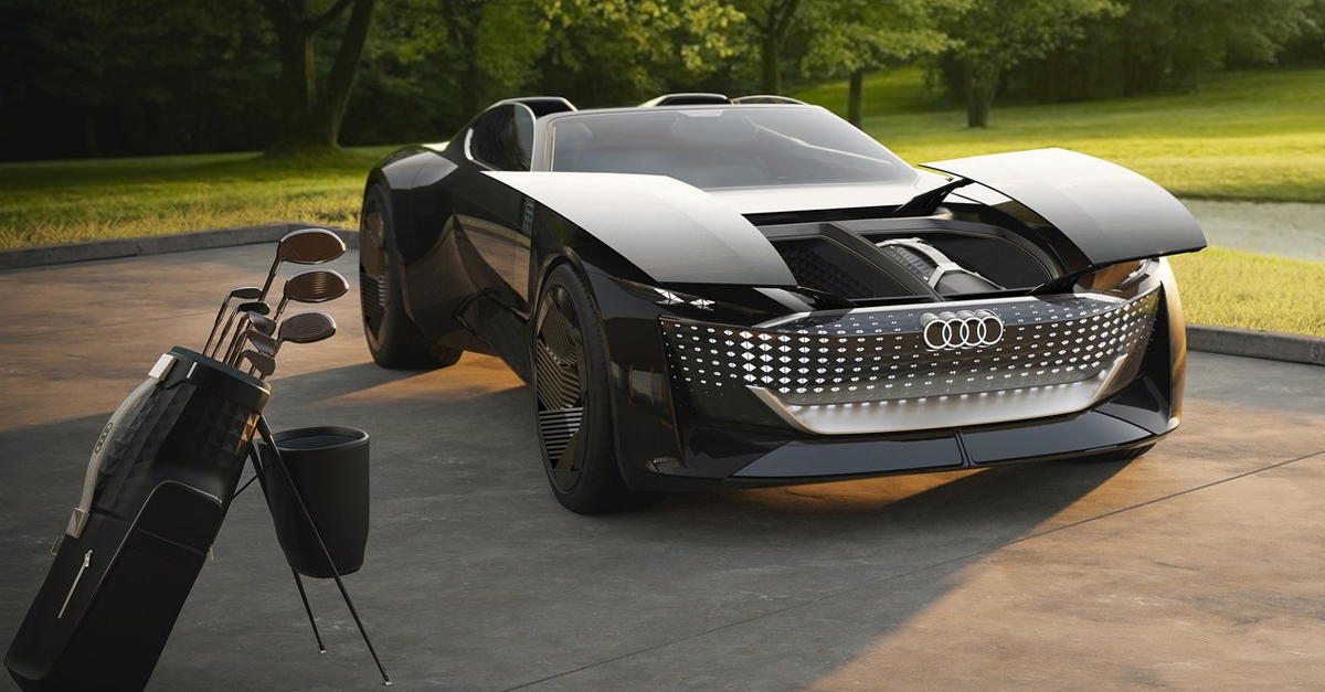 Front view of the Audi Skysphere concept next to some golf clubs
