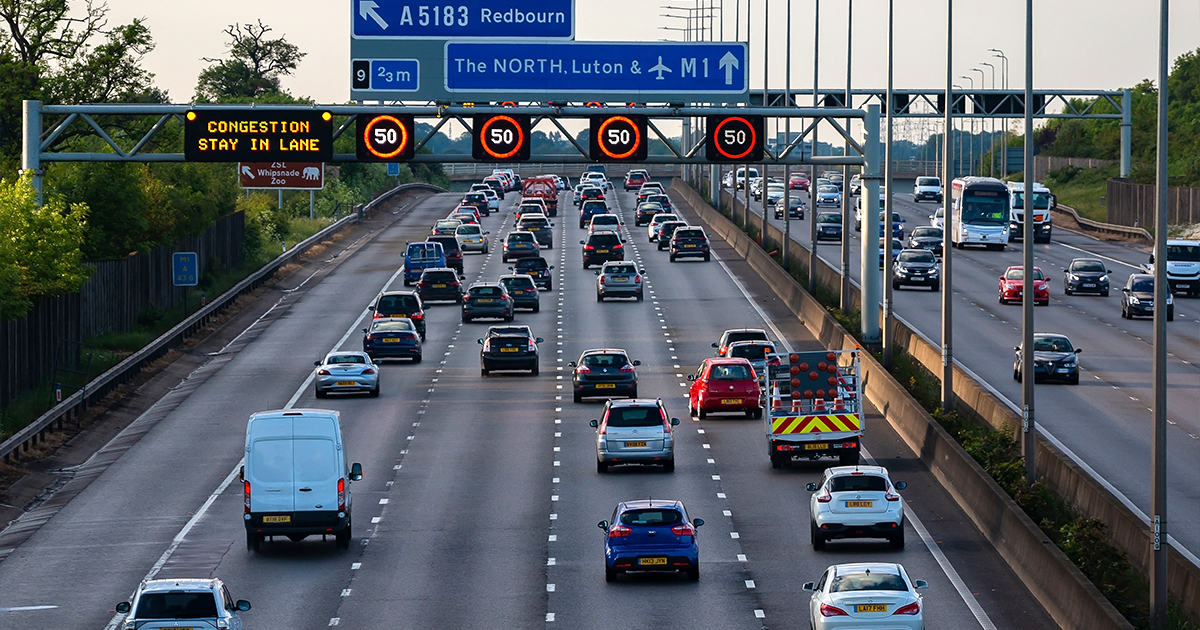 View of a UK smart motorway with congestion