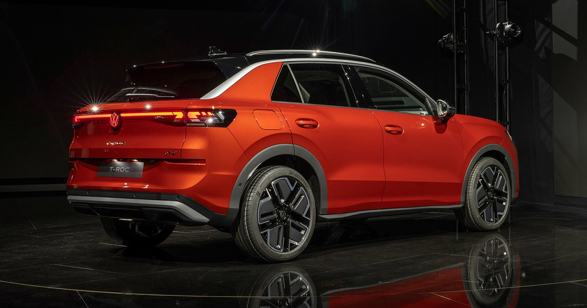 Rear angle of a new red Volkswagen T-Roc
