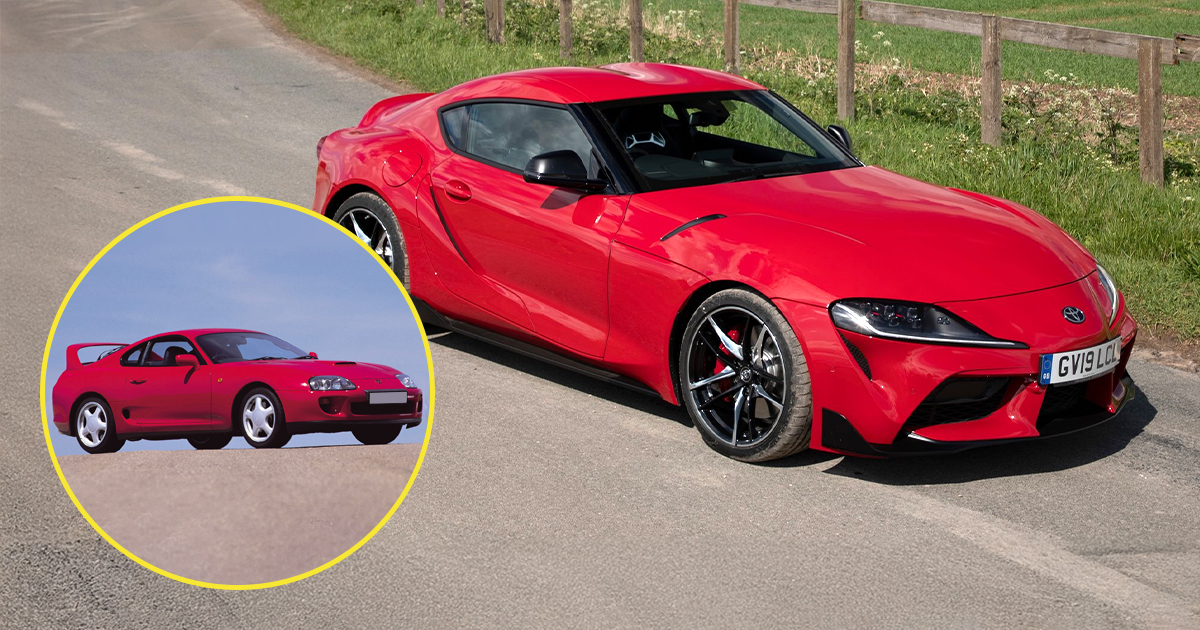 Classic red Toyota Supra vs new 2019 car