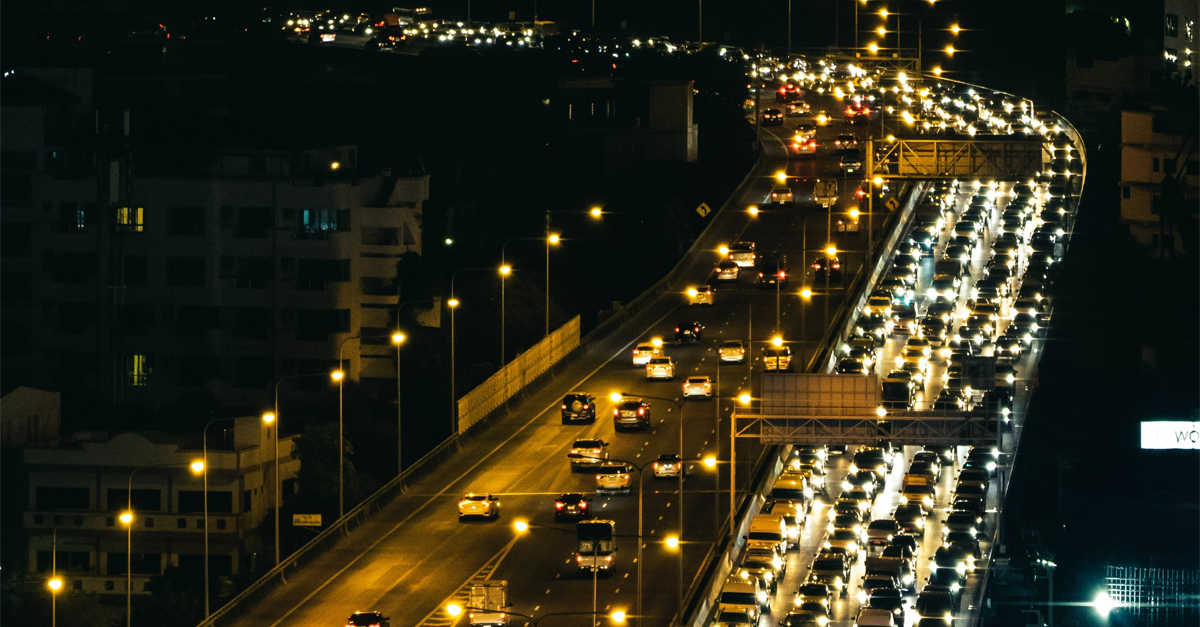 Night time view of a traffic jam from above