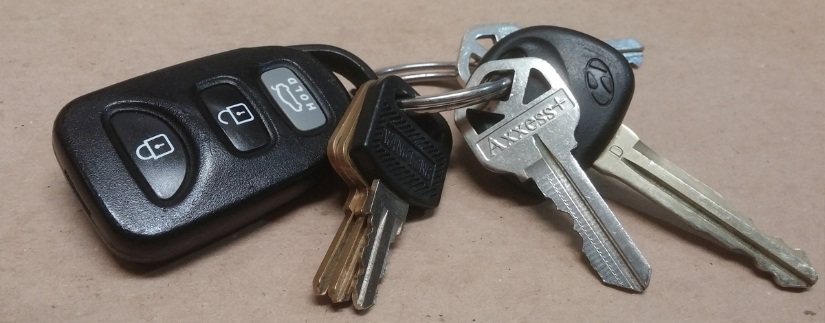 Car key fob and other keys on a keychain