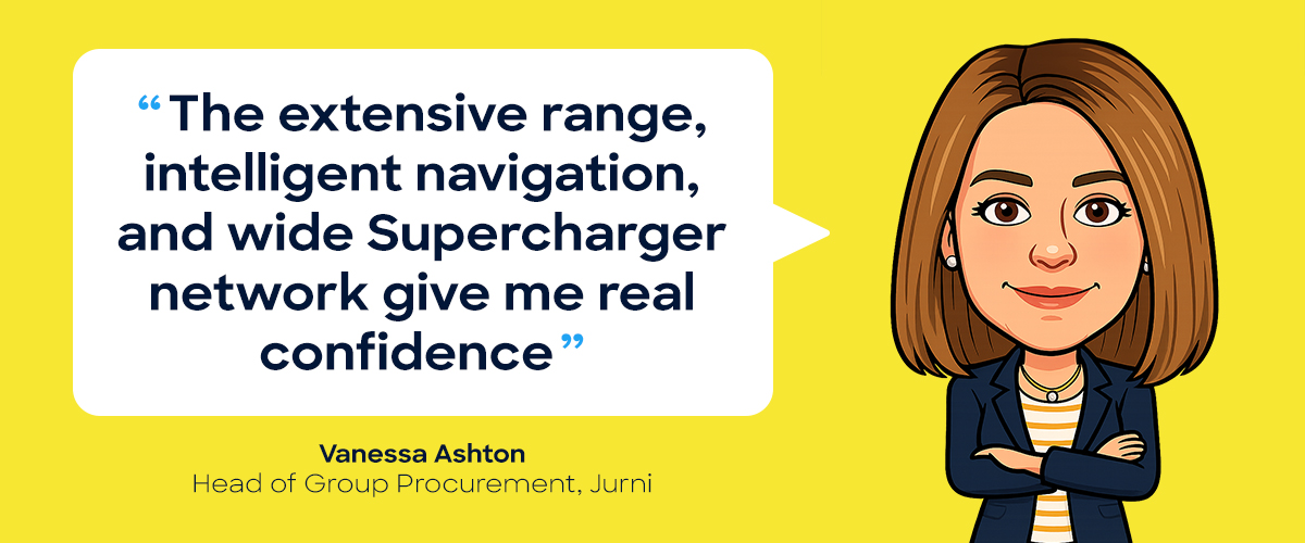 Cartoon Vanessa talking about the Tesla Model 3 Performance range