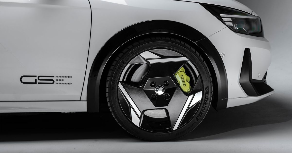 Close up of the yellow brake caliper on the Vauxhall Corsa GSE