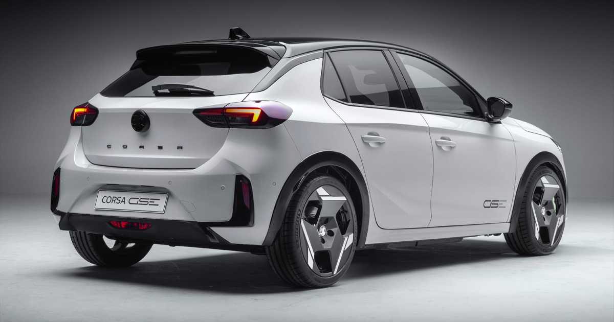 Rear angle of a white Vauxhall Corsa GSE