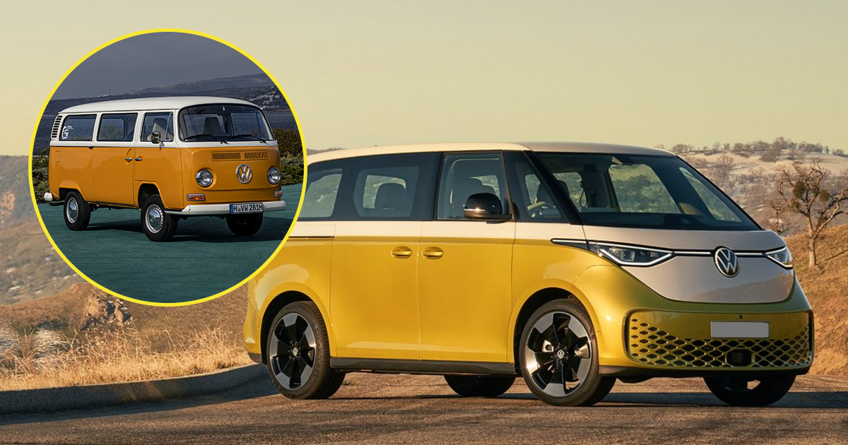 Classic orange Volkswagen Microbus vs new ID. Buzz 