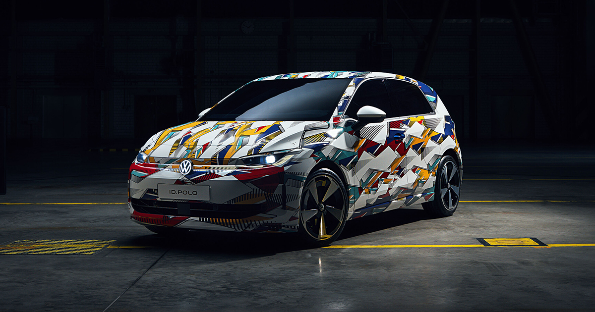 Front angle of the new Volkswagen ID.Polo in camouflage