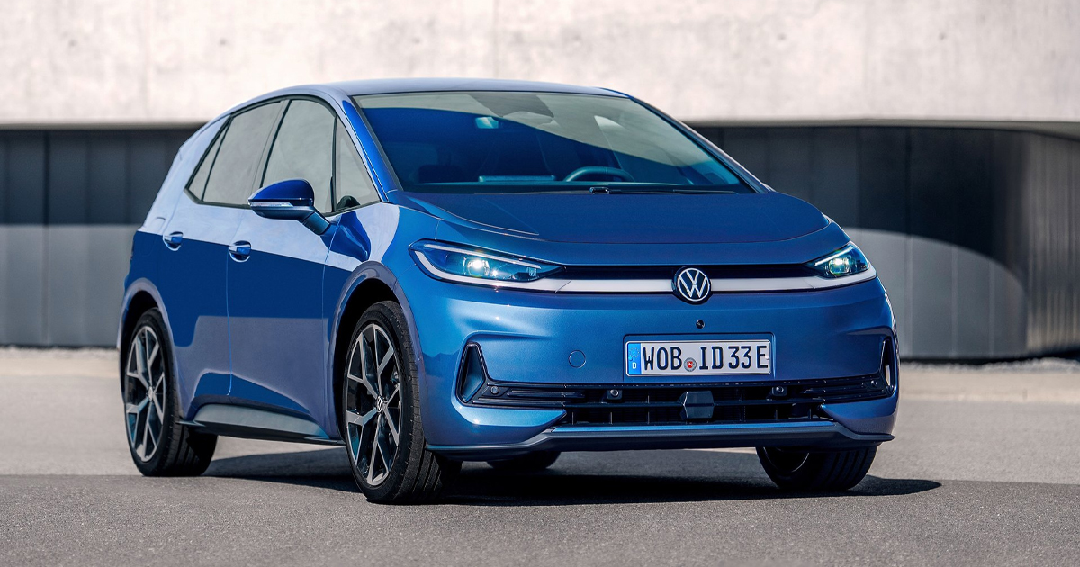 Front angle of a blue Volkswagen ID.3 Neo parked